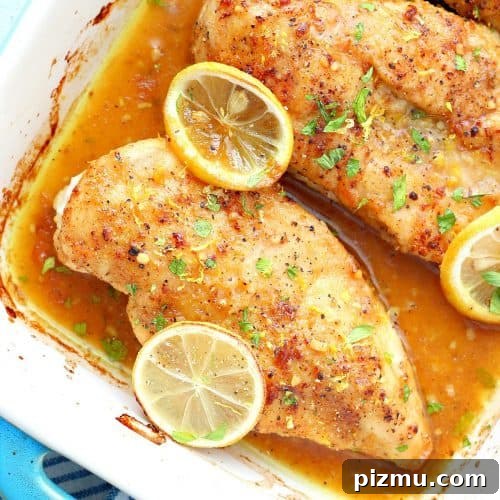 Lemon chicken in baking dish.