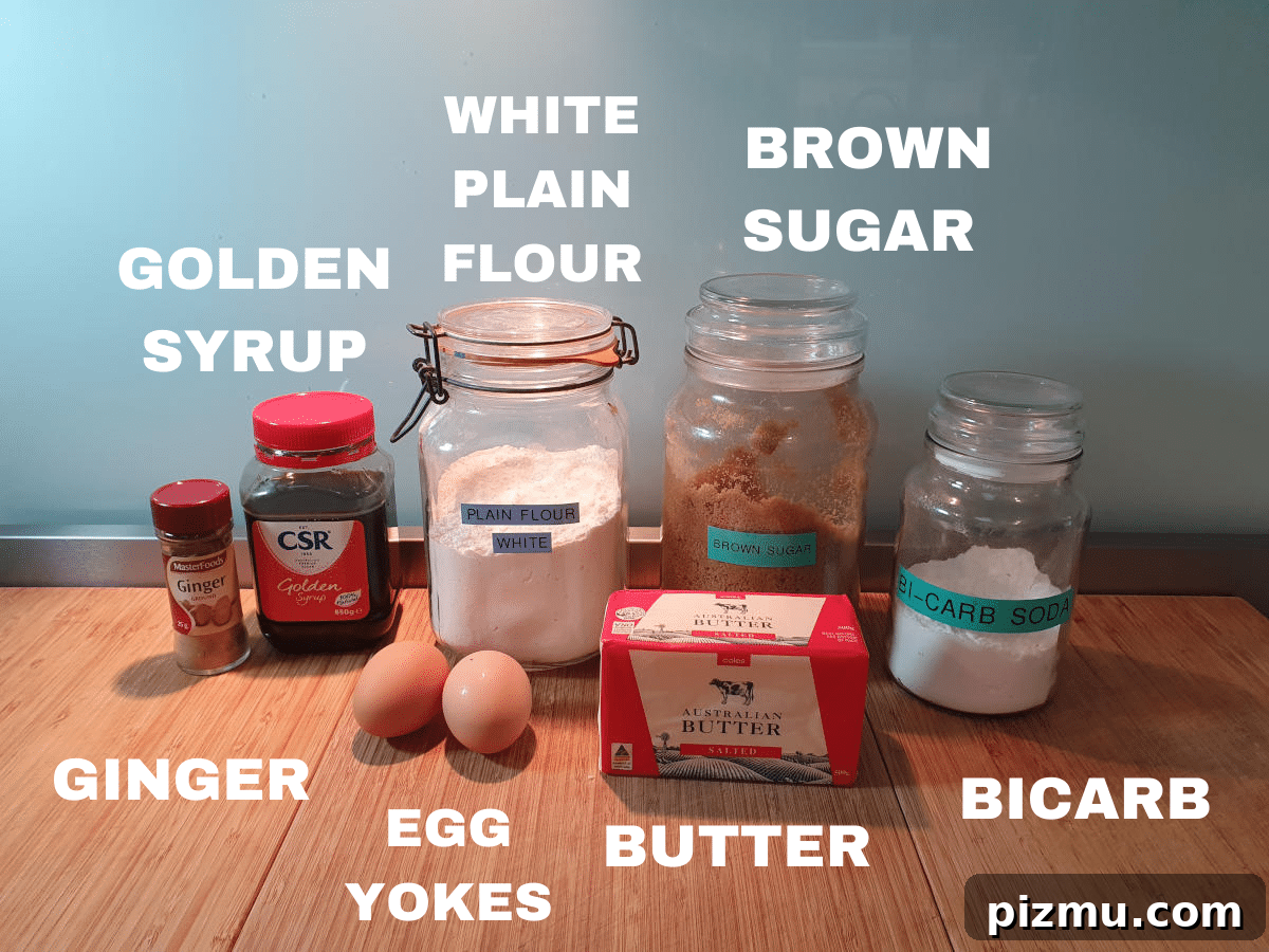 Gingerbread ingredients: ground ginger, golden syrup, egg yolks, plain flour, brown sugar, butter, bicarbonate of soda