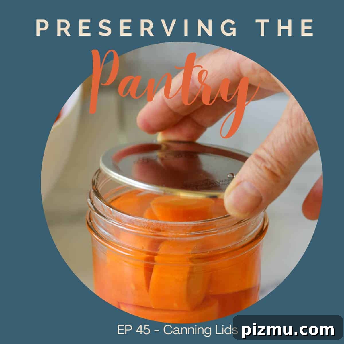 A canning lid on a jar of carrots. 