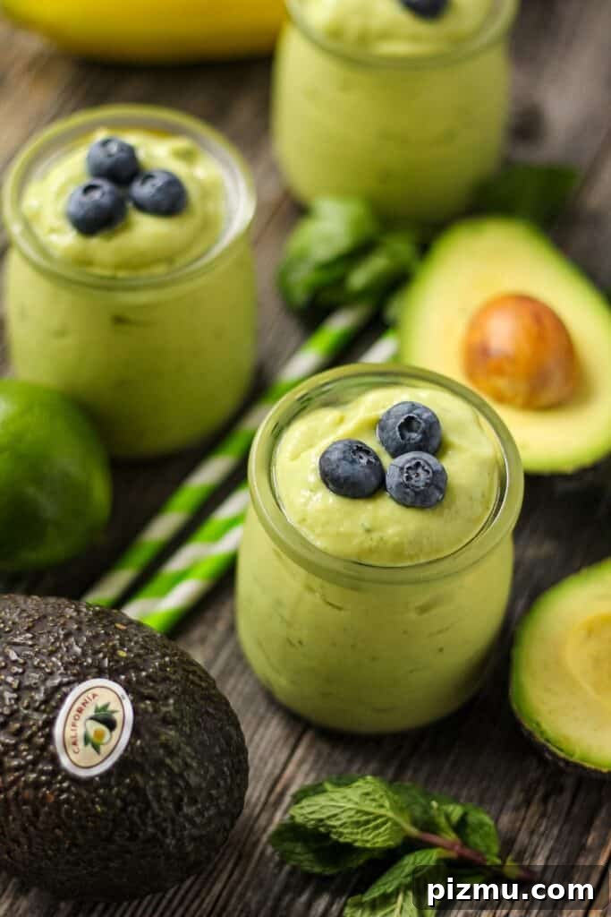 Creamy Tropical Avocado Smoothie Recipe 6 side shot of avocado smoothis on wood surface topped with fresh blueberries