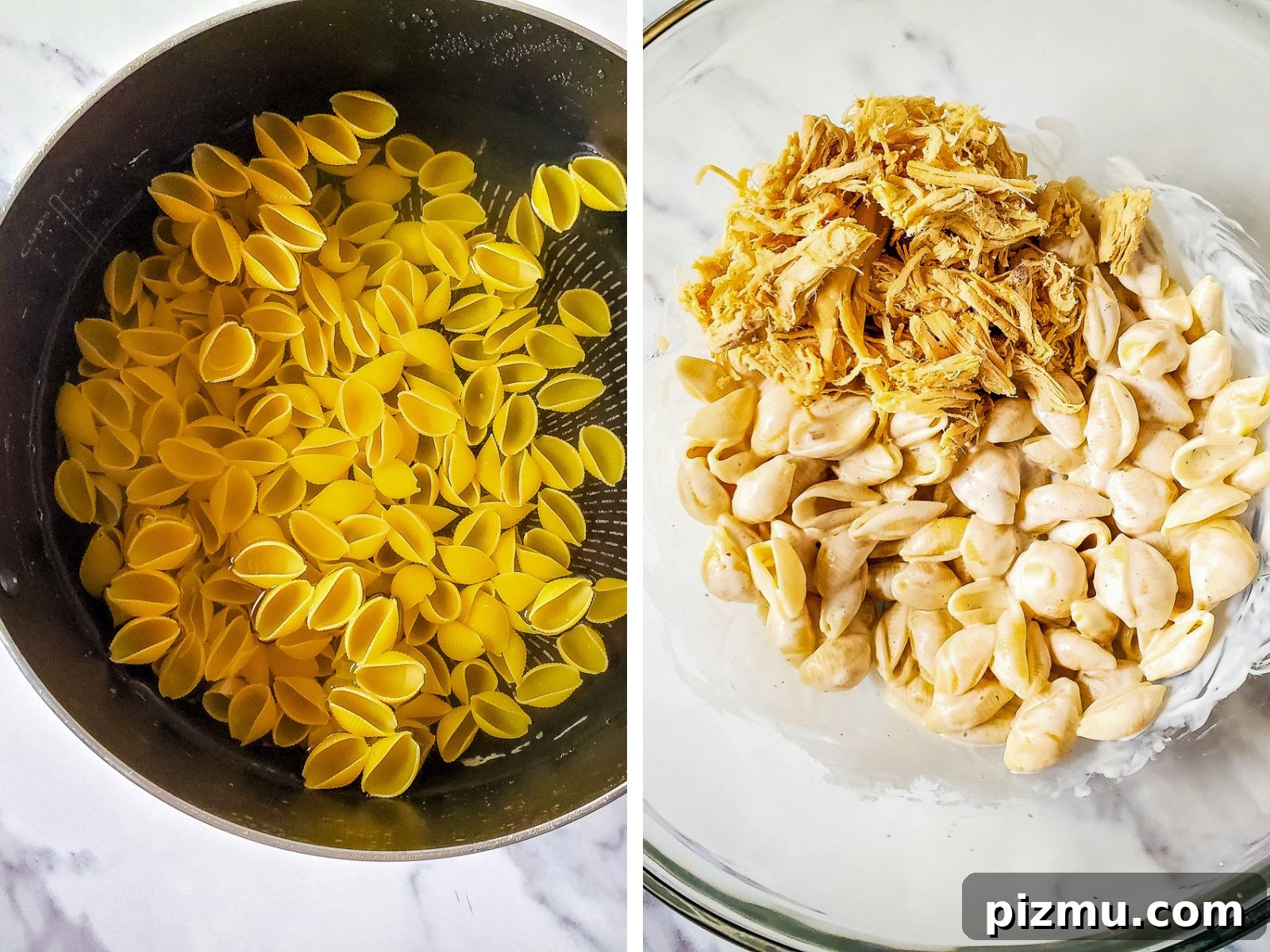 process collage of chicken bacon ranch pasta 