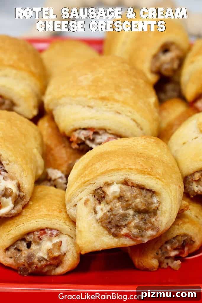 Rotel Sausage and Cream Cheese Crescent Rolls a platter of crescent rolls stuffed with rotel tomatoes and green chiles, cream cheese, and breakfast sausage