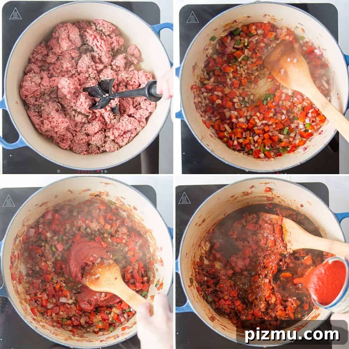 Homemade Gluten-Free Sloppy Joes 4 Browning beef, sautéing vegetables, adding tomato paste and sauce.