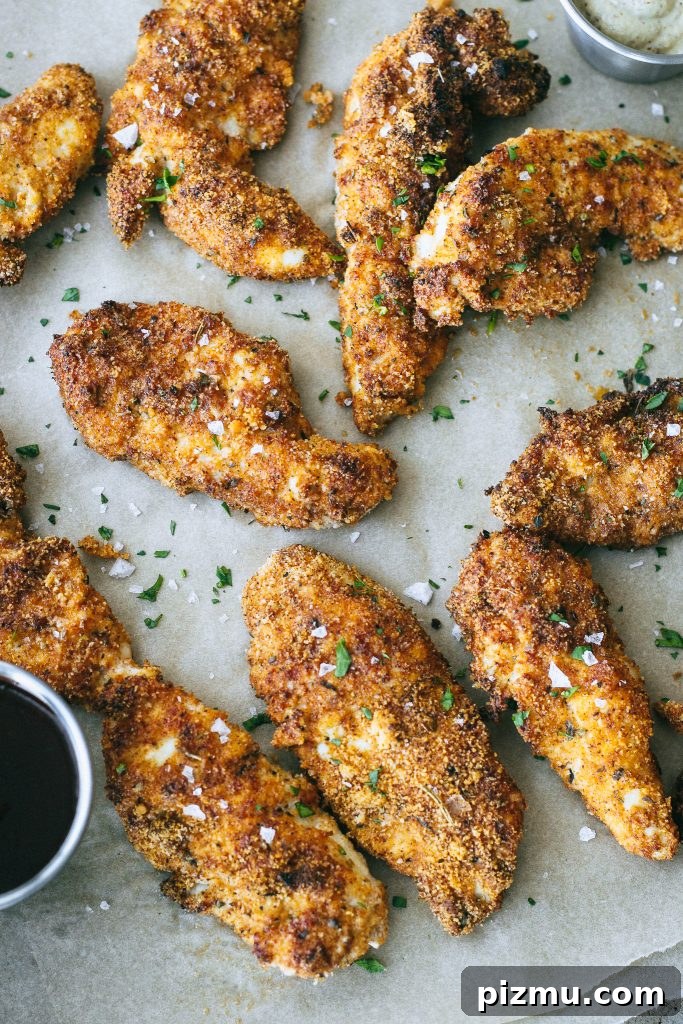 Crispy Paleo Chicken Tenders in the Air Fryer 2 chicken tenders on parchment paper