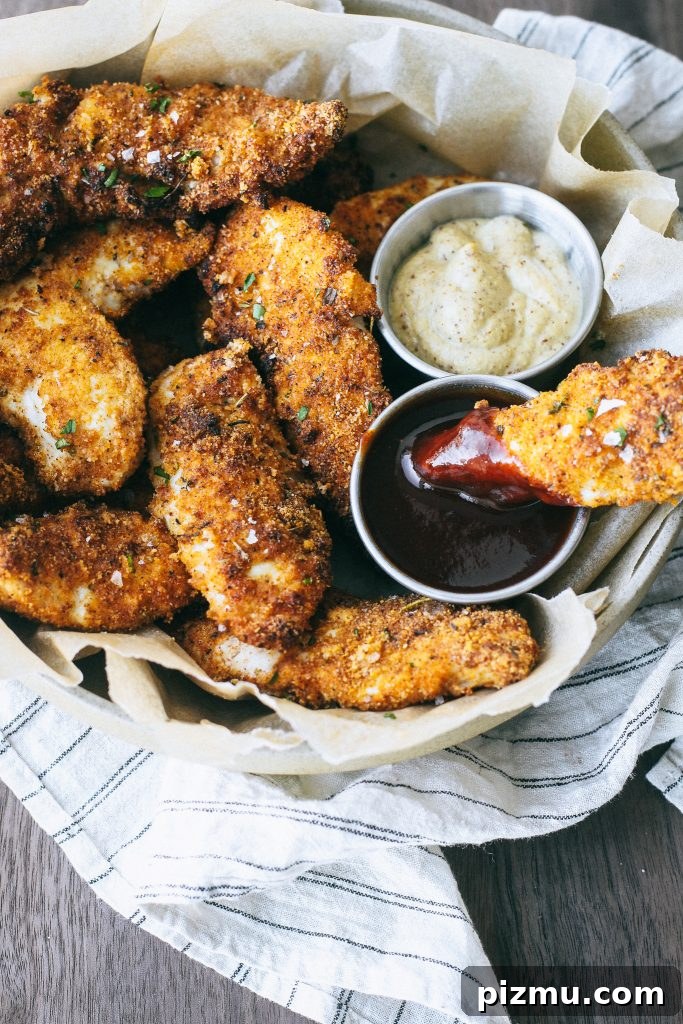 Crispy Paleo Chicken Tenders in the Air Fryer 3 chicken tenders in a bowl with bbq sauce and mustard