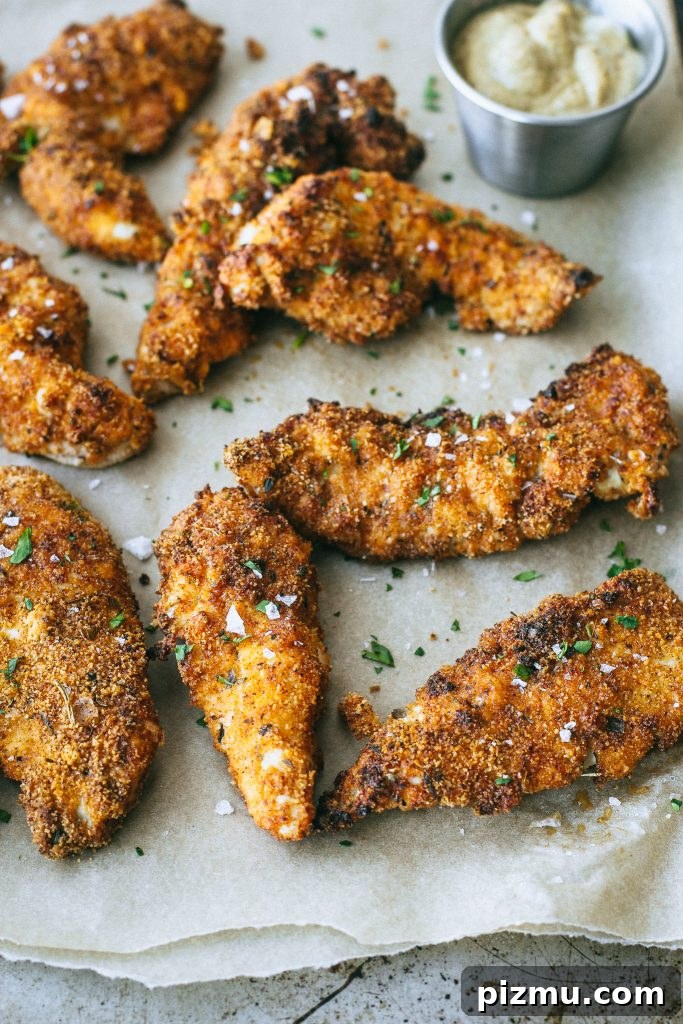 Crispy Paleo Chicken Tenders in the Air Fryer 4 chicken tenders on parchment paper