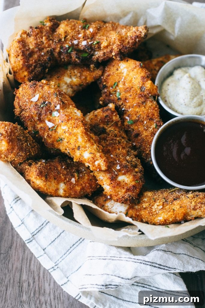 Crispy Paleo Chicken Tenders in the Air Fryer 5 chicken tenders in a bowl with bbq sauce and mustard