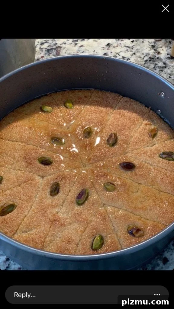 Basbousa: Classic Middle Eastern Semolina Cake with Syrup 15 A pan filled with Basbousa and pistachios