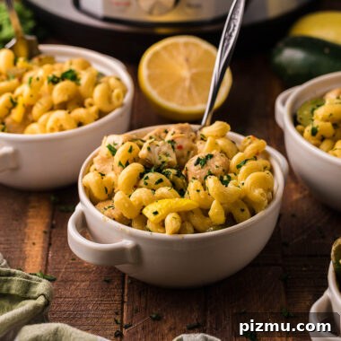 Creamy Lemon Chicken Pasta in the Instant Pot 12 Lemon chicken pasta in a white bowl.