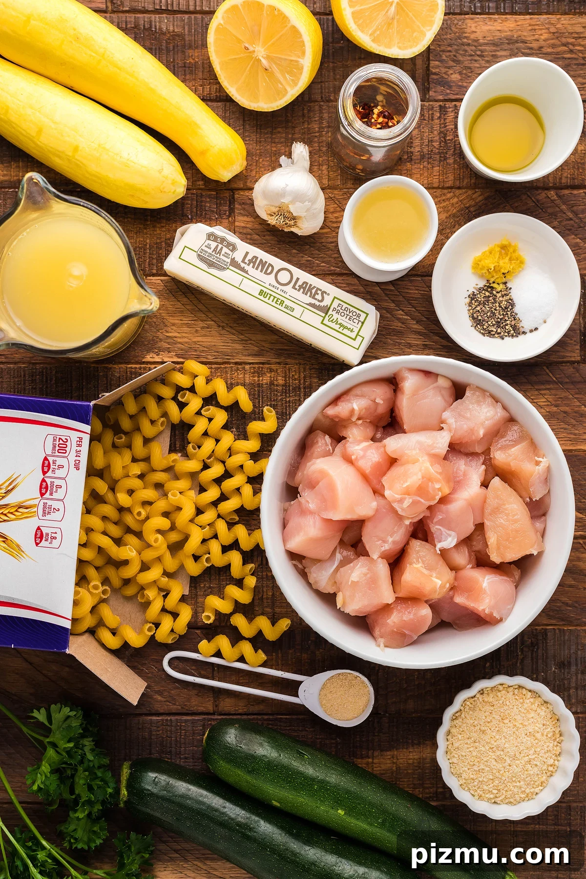 Creamy Lemon Chicken Pasta in the Instant Pot 13 Enjoy a flavorful Instant Pot Lemon Chicken Pasta, made with chicken, pasta, squash, zucchini, lemons, broth, butter, and seasonings for a simple instant pot pasta dinner packed with fresh vegetables.