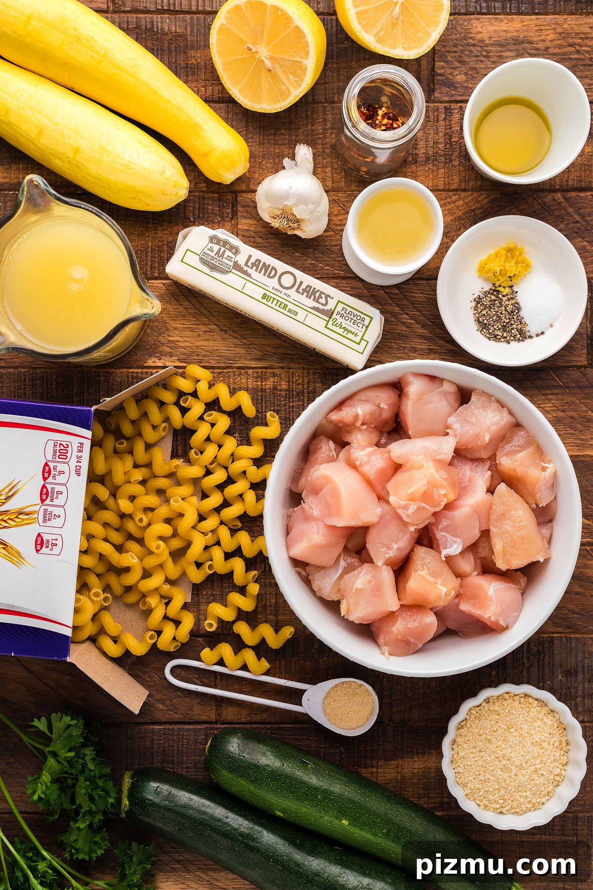 Creamy Lemon Chicken Pasta in the Instant Pot 5 Enjoy a flavorful Instant Pot Lemon Chicken Pasta, made with chicken, pasta, squash, zucchini, lemons, broth, butter, and seasonings for a simple instant pot pasta dinner packed with fresh vegetables.
