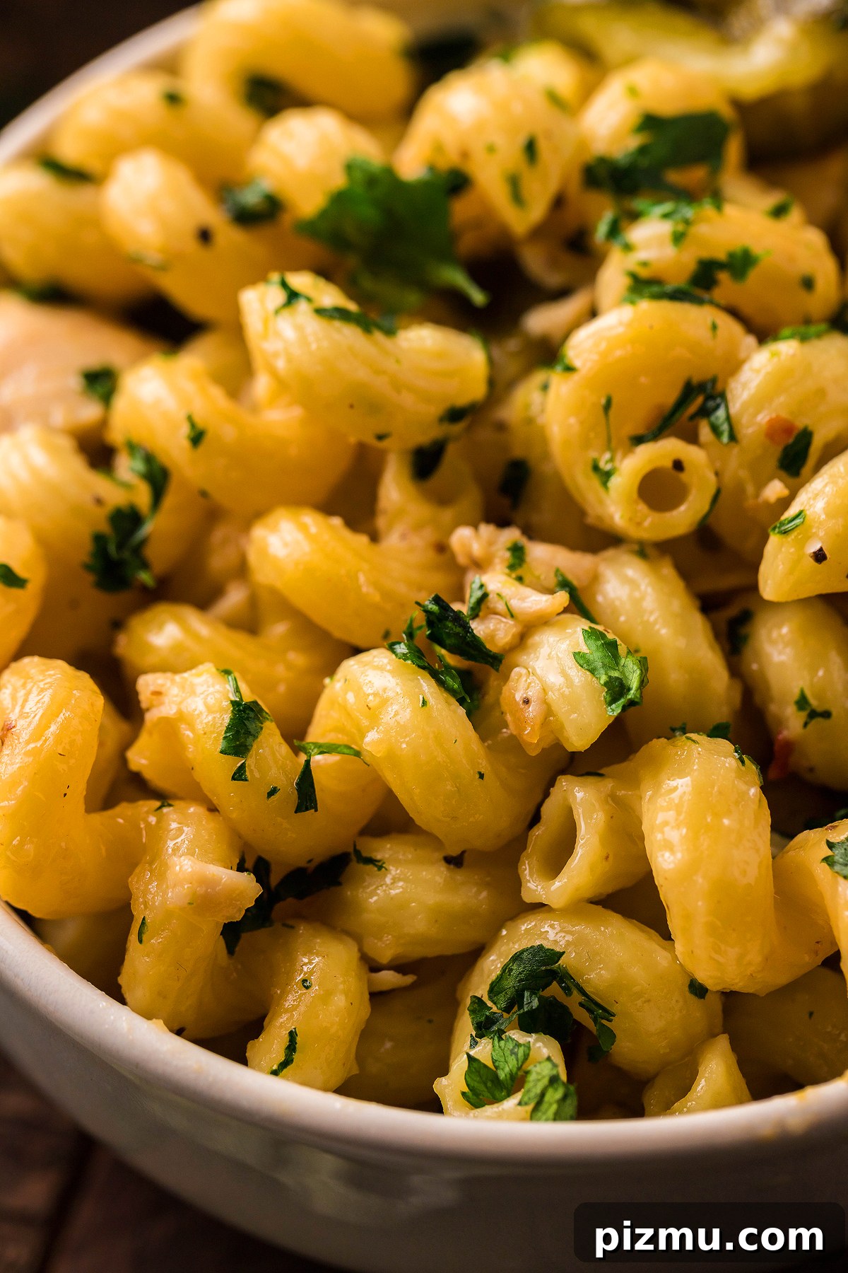 Creamy Lemon Chicken Pasta in the Instant Pot 8 Close-up of creamy instant pot pasta dinner garnished with chopped parsley in a white bowl.