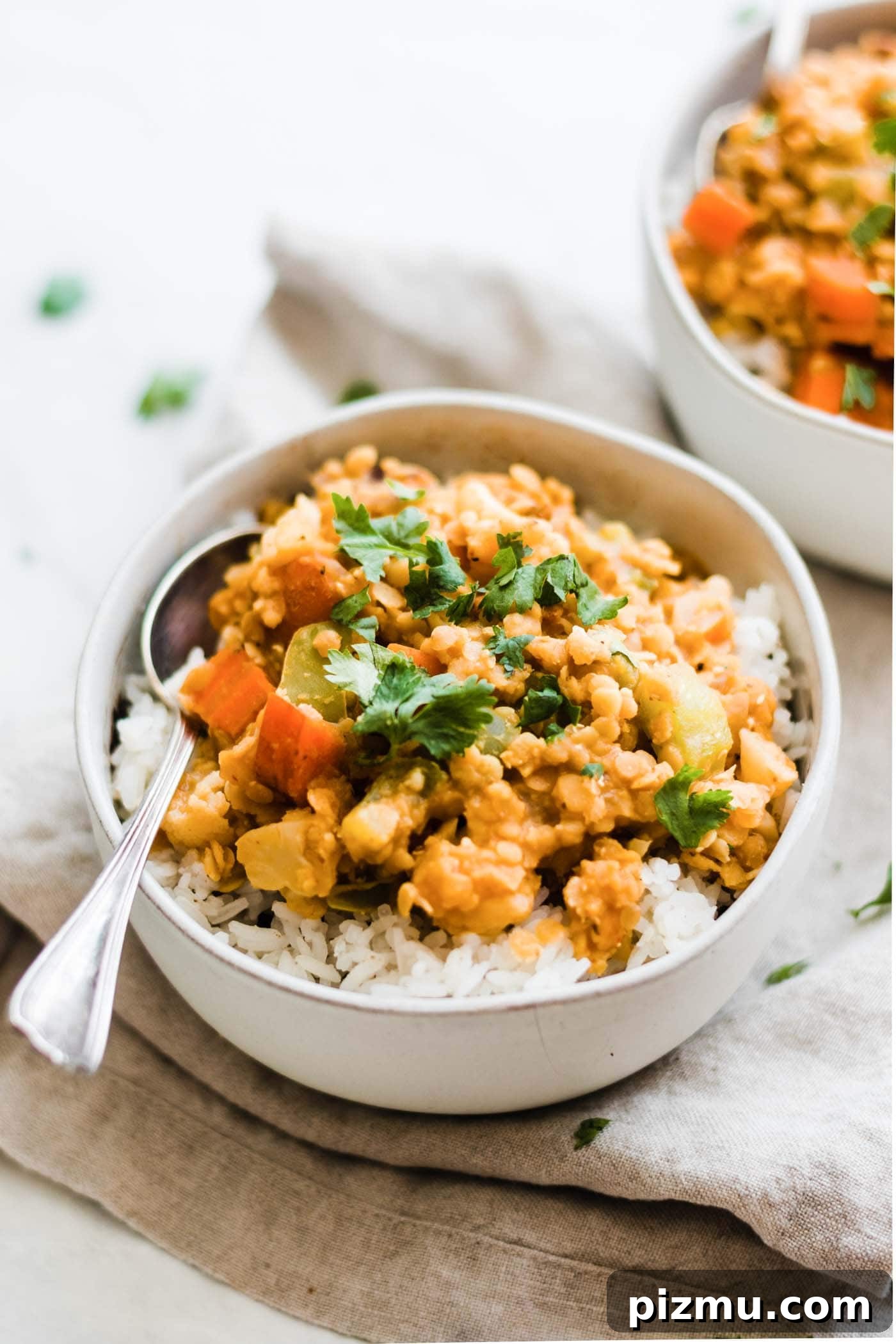 Creamy Red Curry Lentils with Coconut and Spinach 2 White bowl filled with red lentils and vegetables.