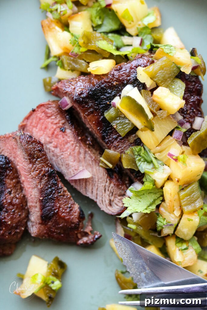 Grilled Steak with Charred Pineapple Jalapeno Salsa 2 ancho Chile rubbed steak with grilled pineapple salsa