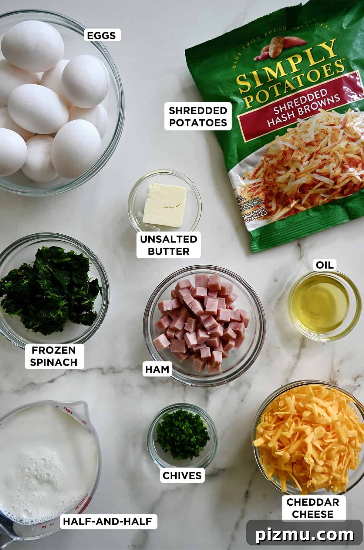 Ham and Cheese Quiche with Crispy Hash Brown Crust 3 Ingredients to make a ham, spinach and cheese quiche with a hash brown crust.