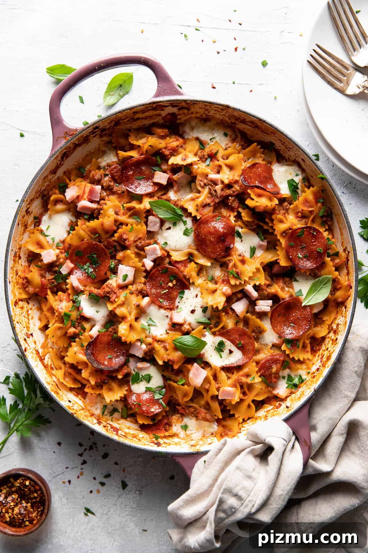 30-Minute One-Pot Meat-Lovers Pizza Pasta Bake 2 meat lovers pizza pasta bake.