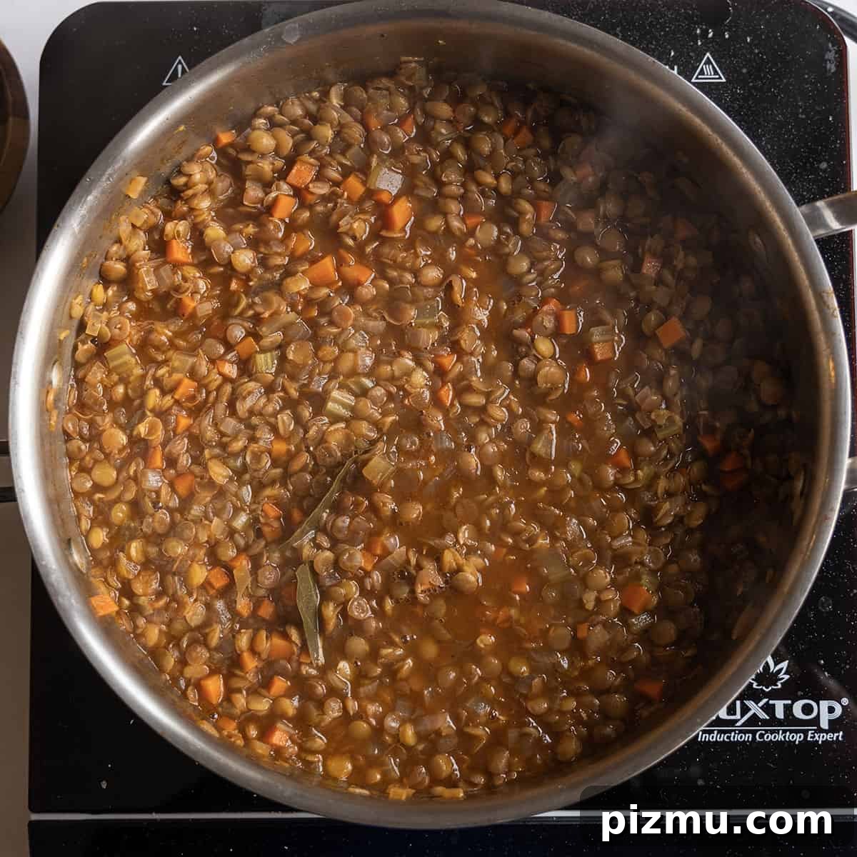 Classic Italian Lentils with Garlic and Rosemary 8 Lentils simmered and softened in sauce pan.