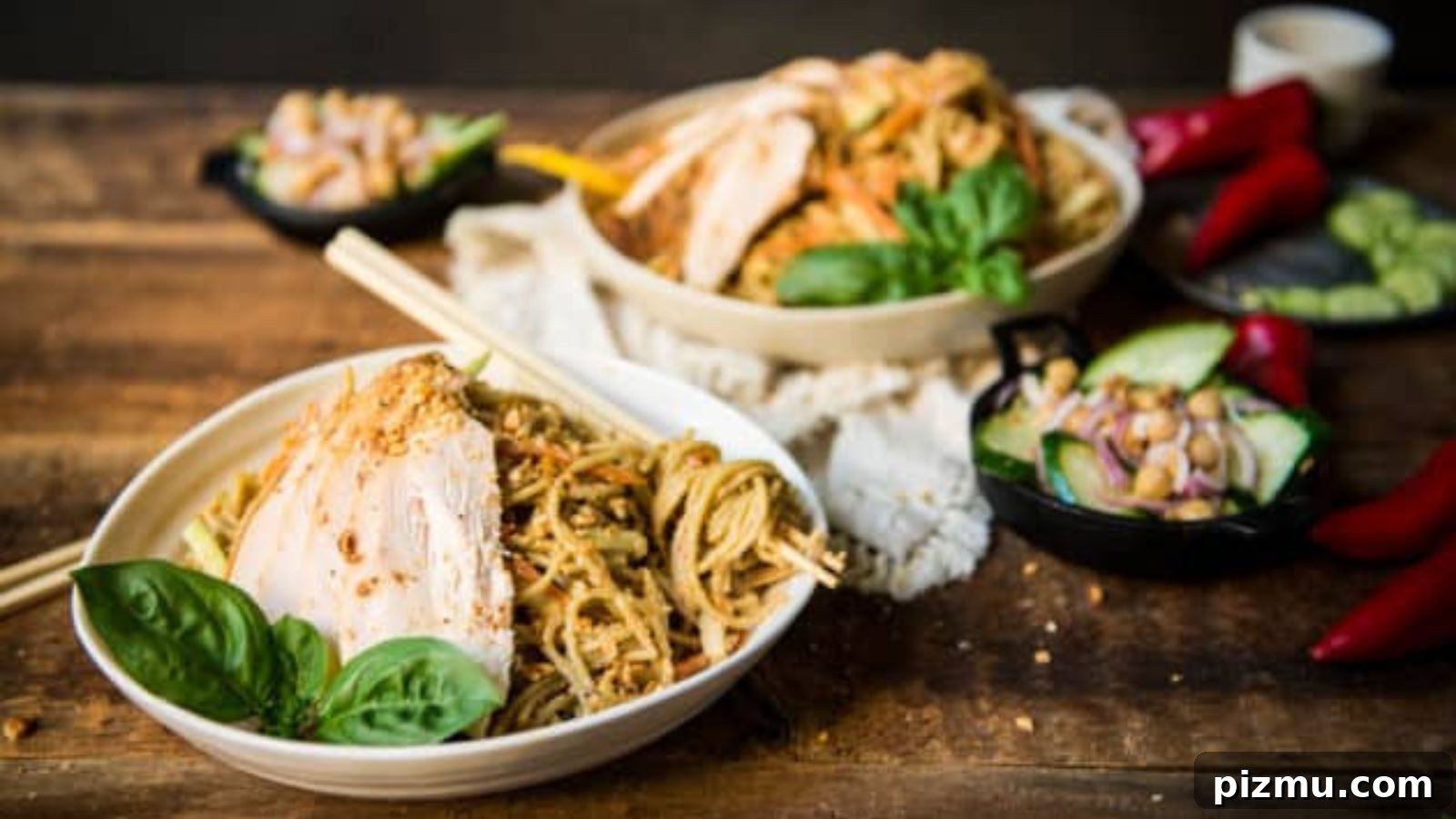 Thai peanut noodle salad tossed with smoked chicken and vegetables.