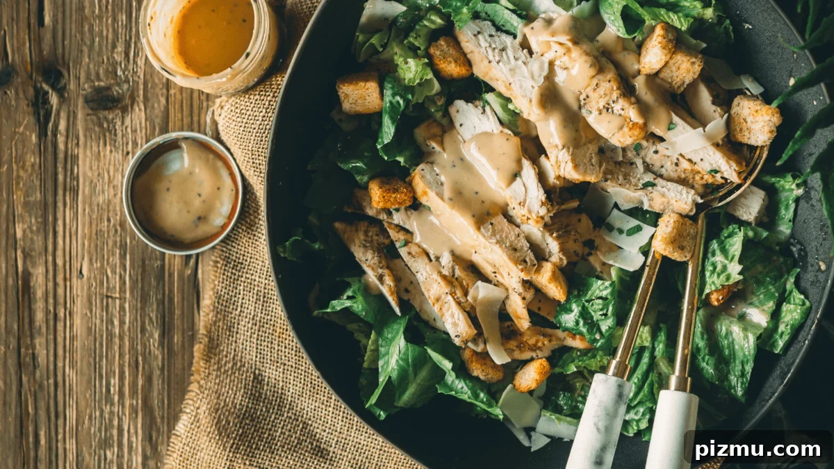 Grilled chicken Caesar salad layered with charred chicken strips and crisp romaine dressed lightly.