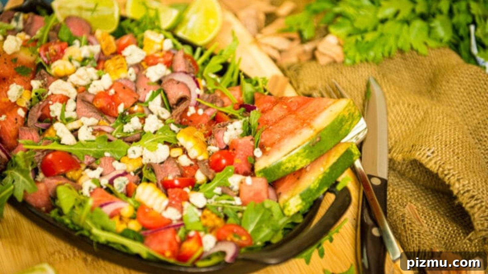 Salad topped with slices of grilled flat iron steak and fresh greens.