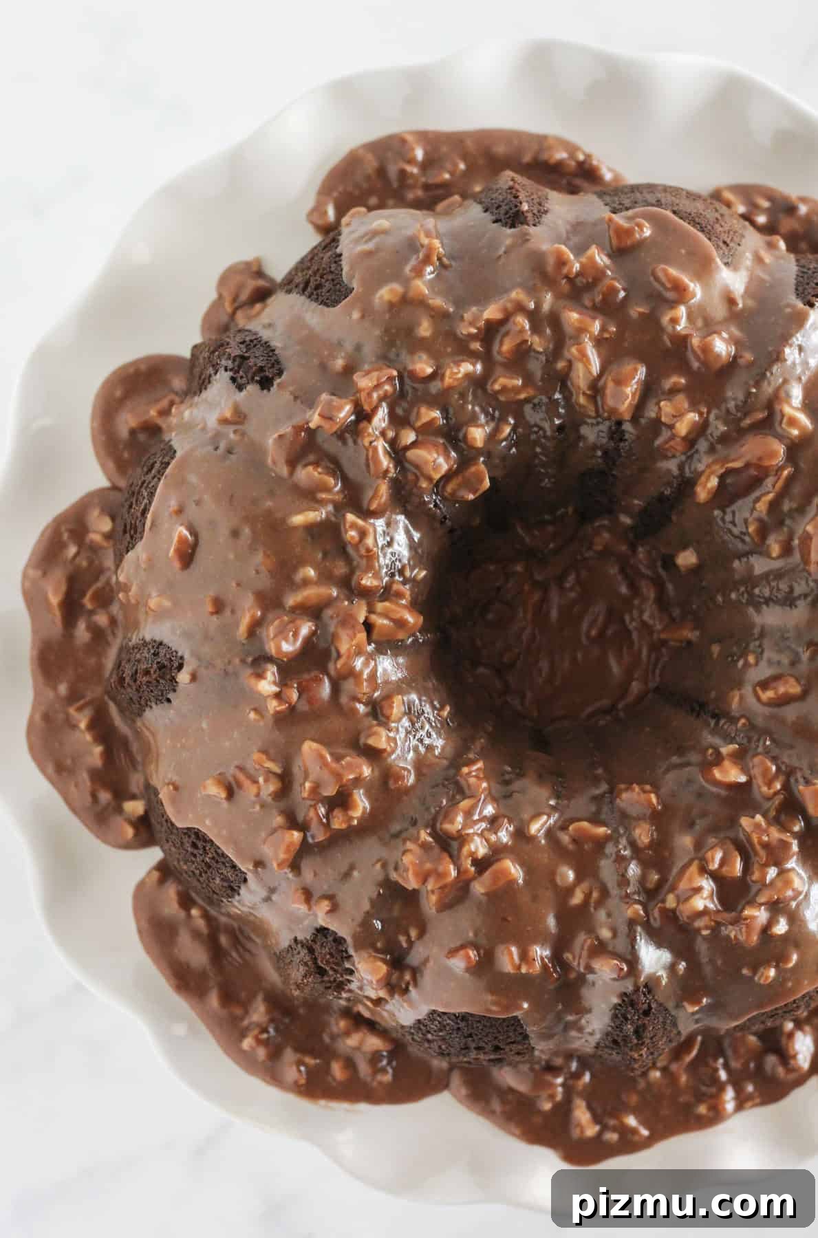 Moist Texas Sheet Cake Bundt: Chocolate Bundt Cake Recipe 2 A finished Texas Sheet Cake Bundt Cake with chocolate pecan frosting.