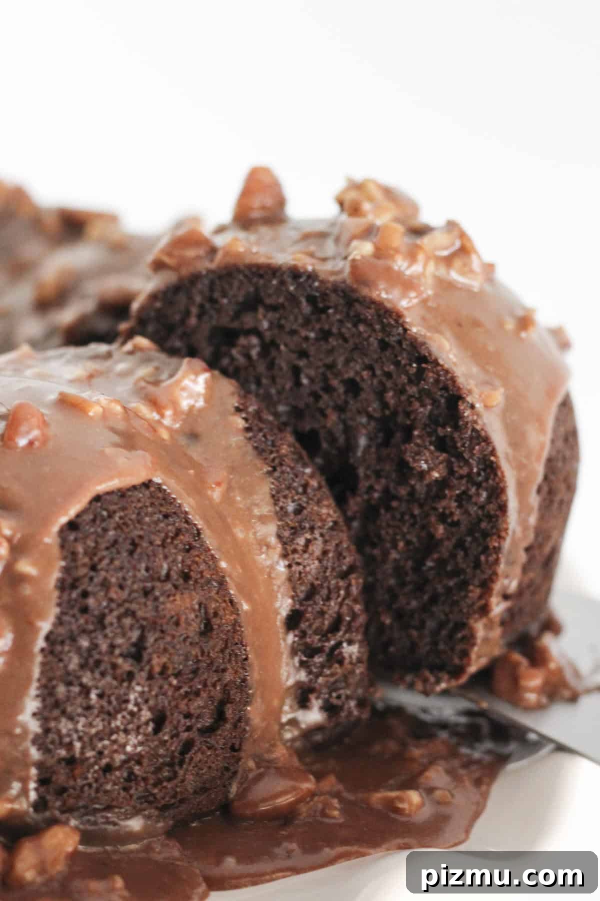 Moist Texas Sheet Cake Bundt: Chocolate Bundt Cake Recipe 9 Serving a slice of Texas Sheet Cake Bundt Cake.