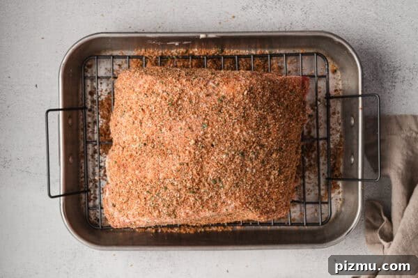 Bone-In Prime Rib Roast 7 A prime rib roast covered in seasoning rub on a roasting tray.
