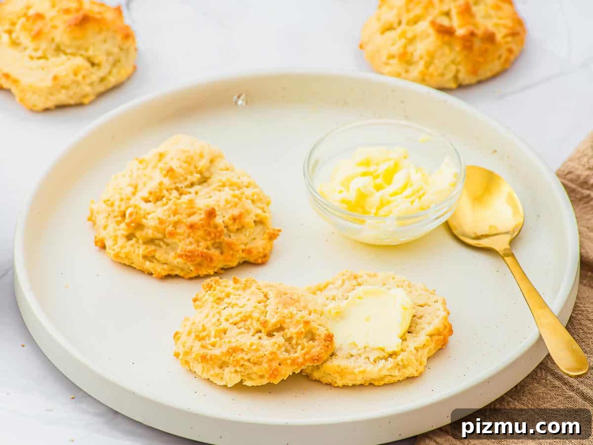Flaky Almond Flour Biscuits Recipe 11 A round plate with two golden-brown almond flour biscuits, one split and spread with butter, next to a small glass bowl of butter and a gold spoon. More biscuits are visible in the background.