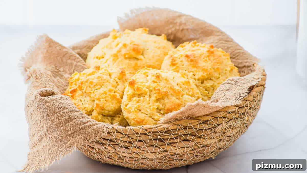Flaky Almond Flour Biscuits Recipe 4 A woven basket lined with a beige cloth holds several golden-brown, freshly baked almond flour biscuits on a light surface.