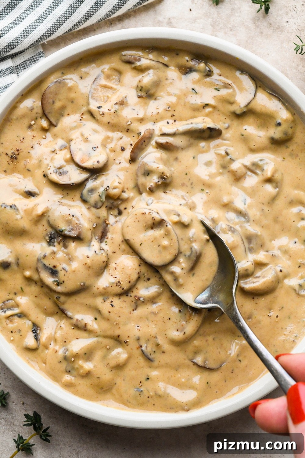 Creamy Gluten-Free Mushroom Gravy (Dairy-Free) 3 Creamy gluten free and dairy free mushroom gravy in a shallow ceramic serving bowl, with a spoon lifting out a portion of the gravy to show the texture.