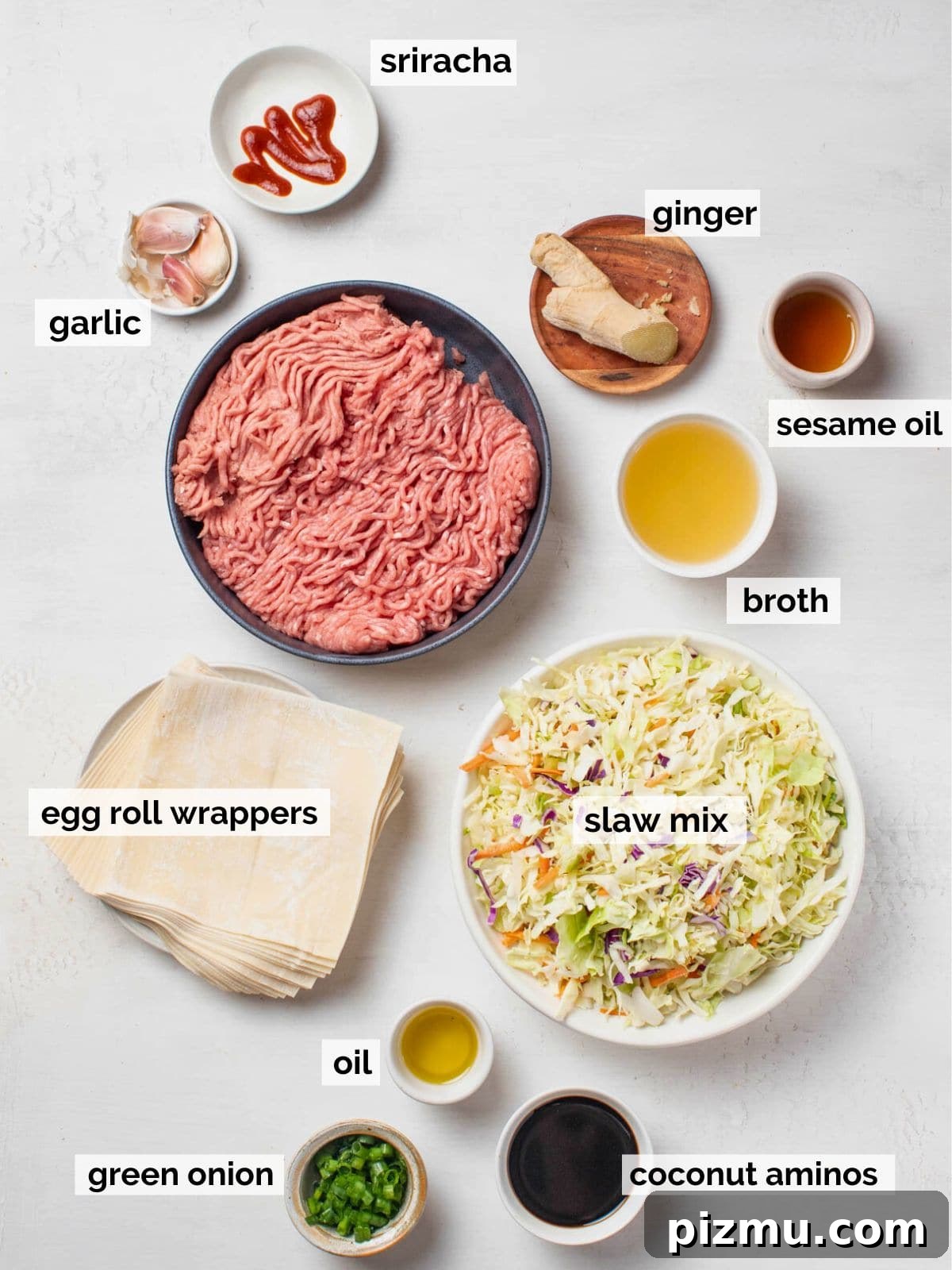 Ground Turkey Egg Roll Bowl with Soy-Ginger Sauce 3 Ground turkey egg roll in a bowl ingredients.