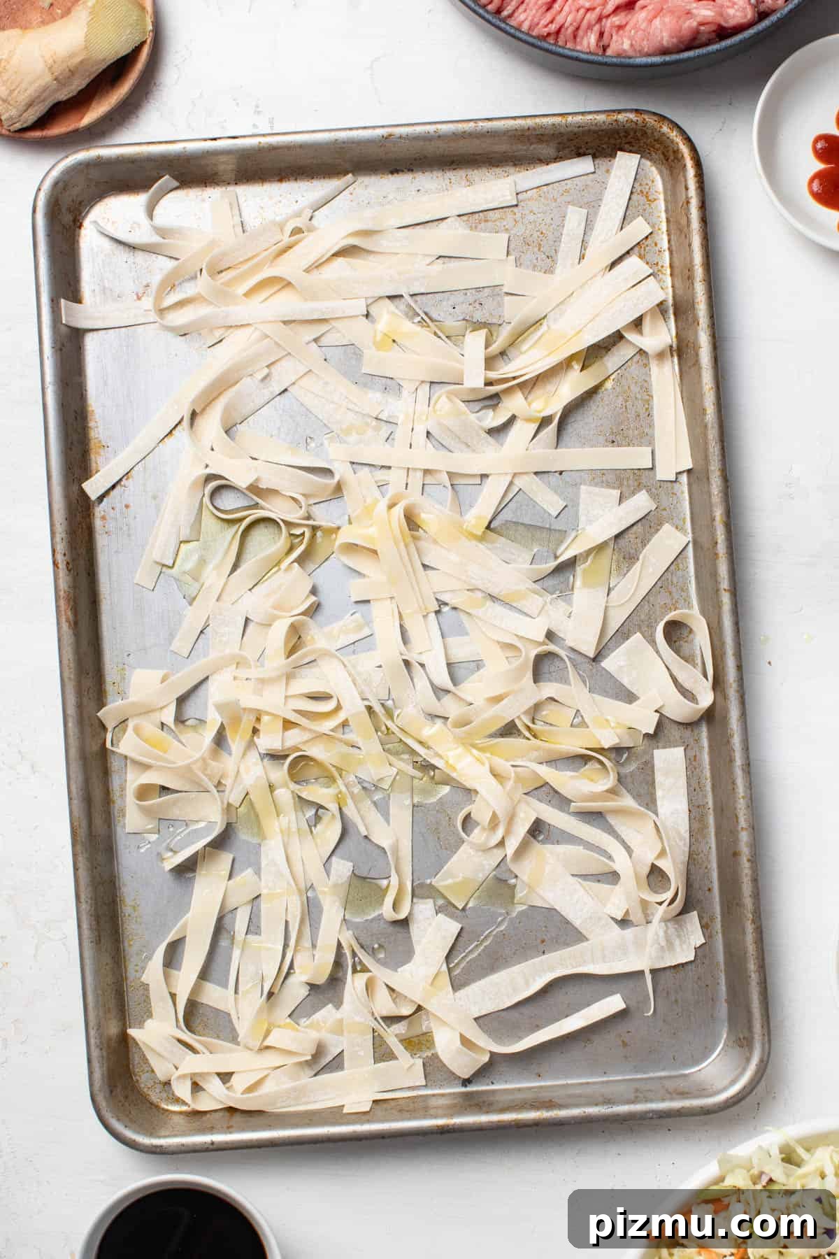 Ground Turkey Egg Roll Bowl with Soy-Ginger Sauce 8 Egg roll strips before baking.